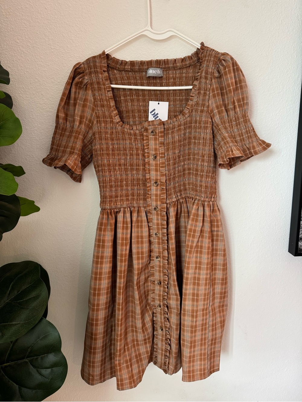 Smocked Plaid Midi Dress in Rust Brown by Dittos